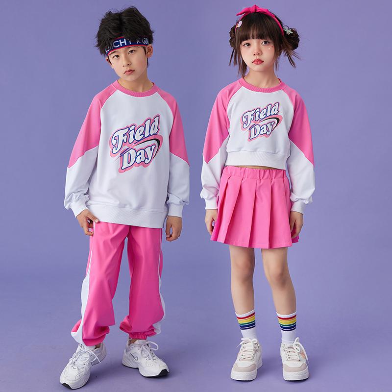 キッズ ストリート ダンス セットアップ 小学校 スポーツ 衣装 春 チアリーディング グループ 演出服 発表会 ユニフォーム ピンク