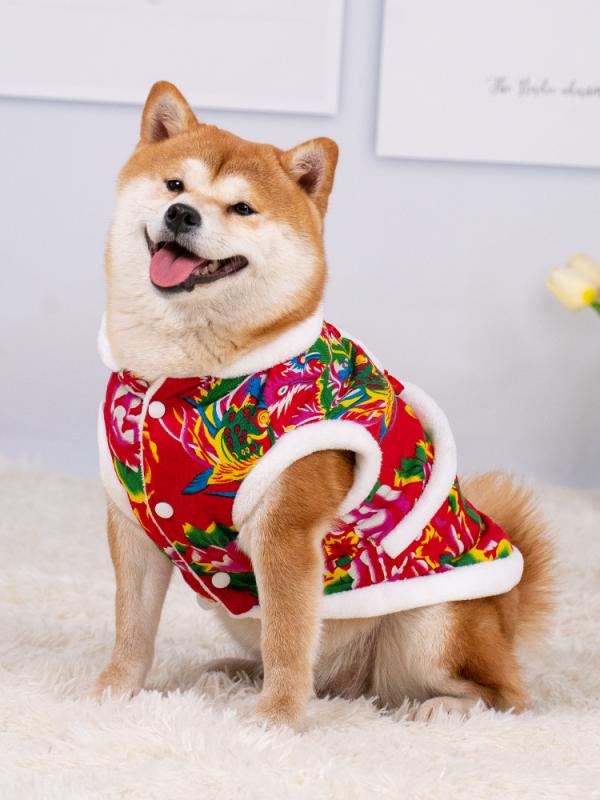 犬服 ドッグウェア ペット 衣装 かわいい おしゃれ 秋冬 お祝い 柴 テディ コーギー ビション 綿入り ジャケット レッド