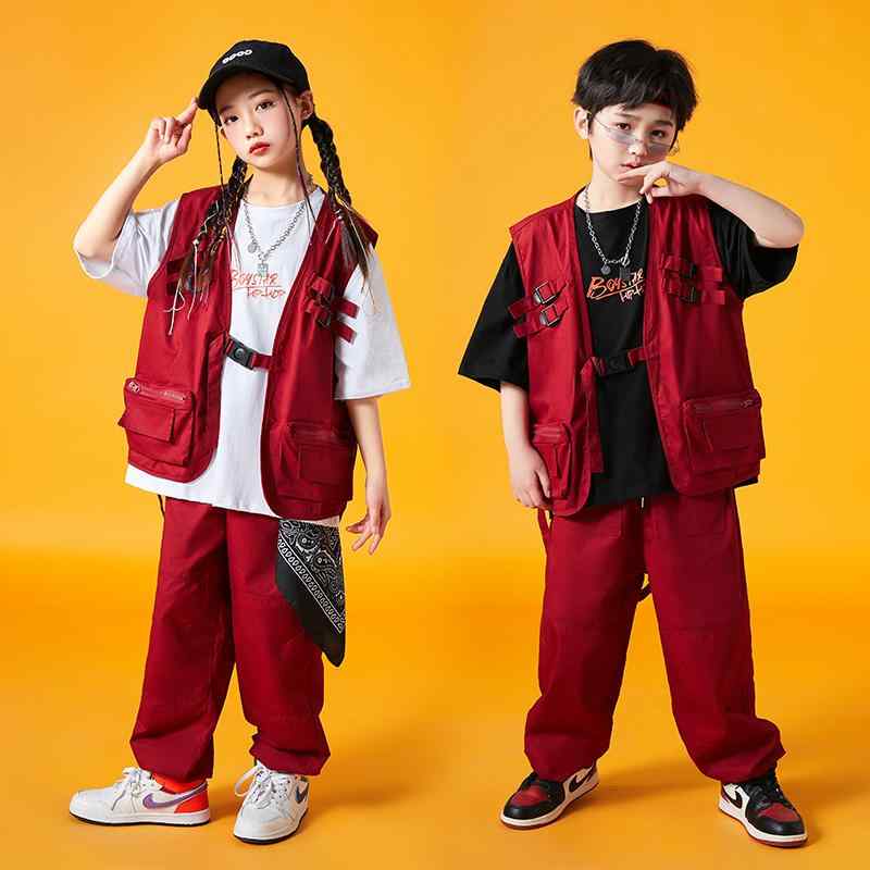 キッズ ストリート ダンス セットアップ 子供 男の子 女の子 ヒップホップ ベスト 演出服 発表会 夏 ホワイト ワインレッド 衣装