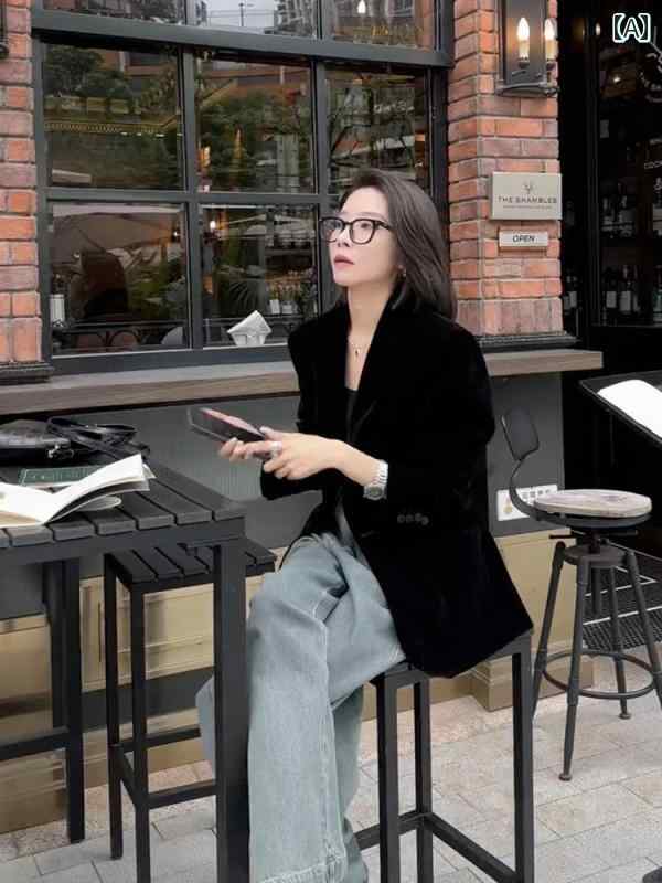 ベロア ジャケット レディース ベルベット レトロ ストリート 長袖 コート スーツ 春秋 ブラック｜Grams店