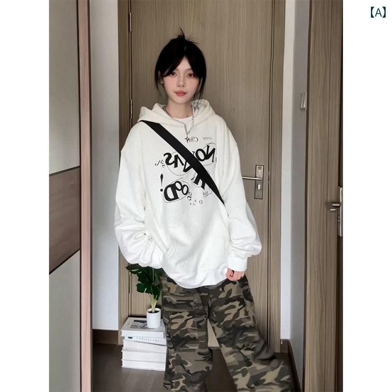 パーカー レディース アメリカン レター プリント フード付き スウェット 秋冬 ヘビー トップス ホワイト
