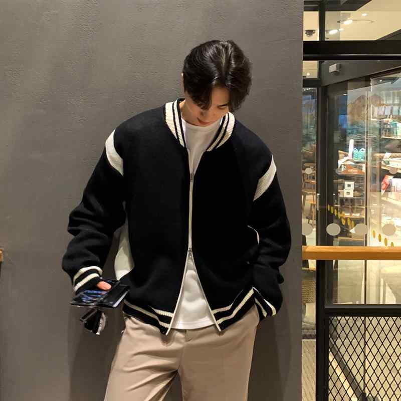 カーディガン メンズ ニット ブルゾン 春秋 セーター ジャケット 野球 ユニフォーム 長袖 トップス ブラック