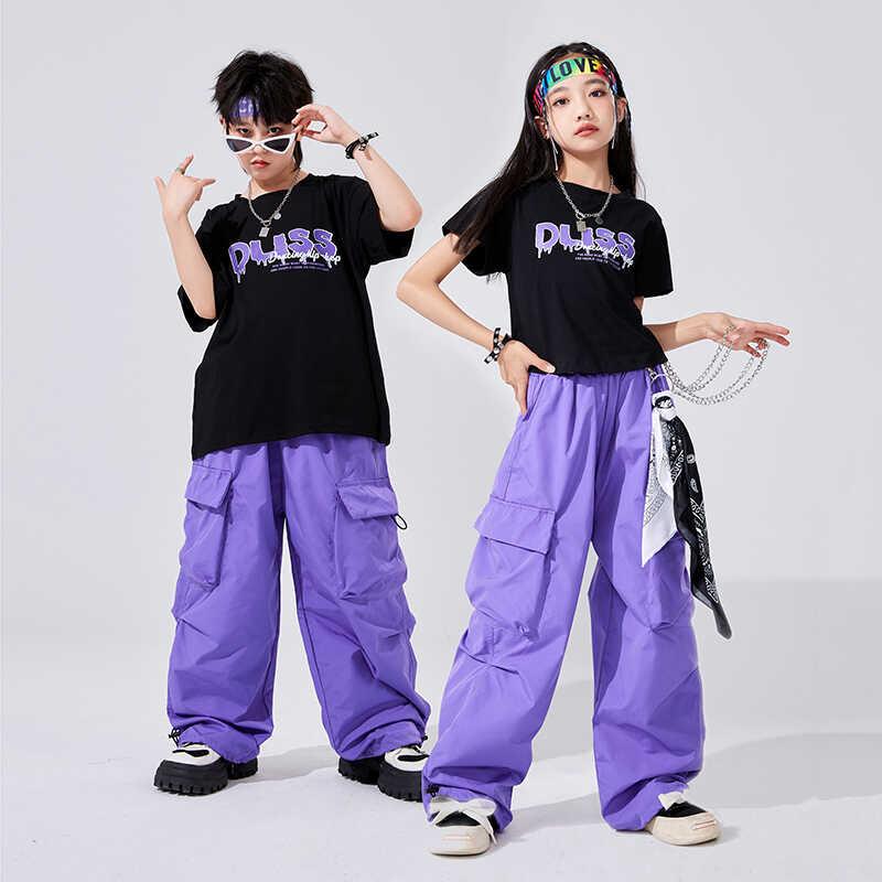 キッズ 男の子 女の子 ストリート ダンス セットアップ クール ヒップホップ ジャズ スカーフ 紫 黒 衣装