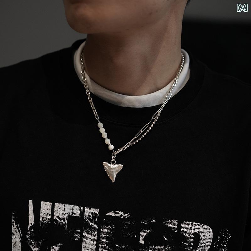 ネックレス メンズ レディース アクセサリー おしゃれ ヒップホップ シェル ビーズ チェーン サメ 歯 ペンダント カップル ジュエリー