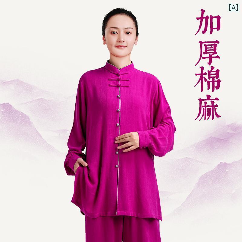 太極拳 服 レディース カンフー 武術 ウェア トレーニング 格闘技 厚手 綿 リネン 練習 秋冬 ロング