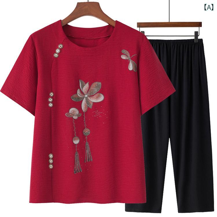 シニア おしゃれ 上品 高齢者 レディース 半袖 Tシャツ 夏 トップス パンツ 赤 緑 オレンジ|Grams店