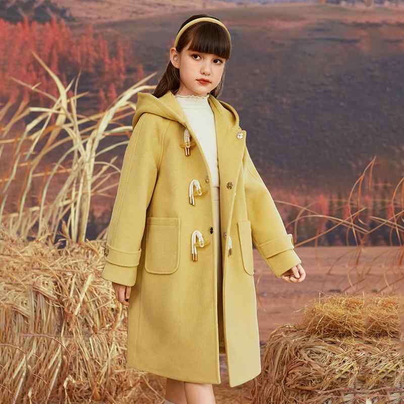 ダッフルコート キッズ アウター 子供服 女の子 ウール 秋冬 ホーンボタン 暖かい 厚手 おしゃれ フード付き イエロー|Grams店