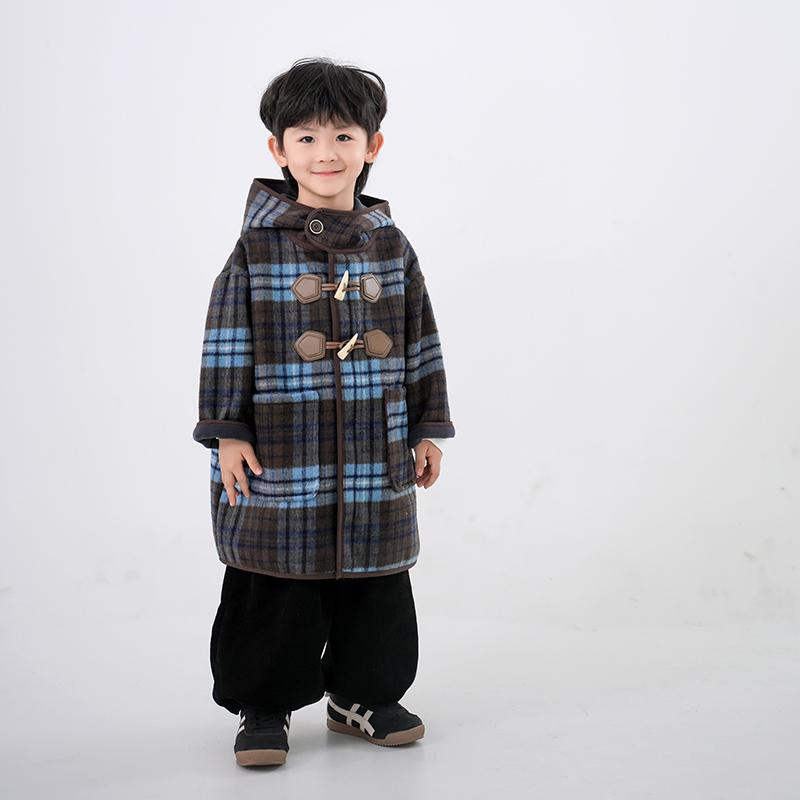 ダッフルコート フード付き キッズ アウター 子供服 女の子 男の子 韓国 ミドル丈 レトロ チェック ホーンボタン ウール ブルー