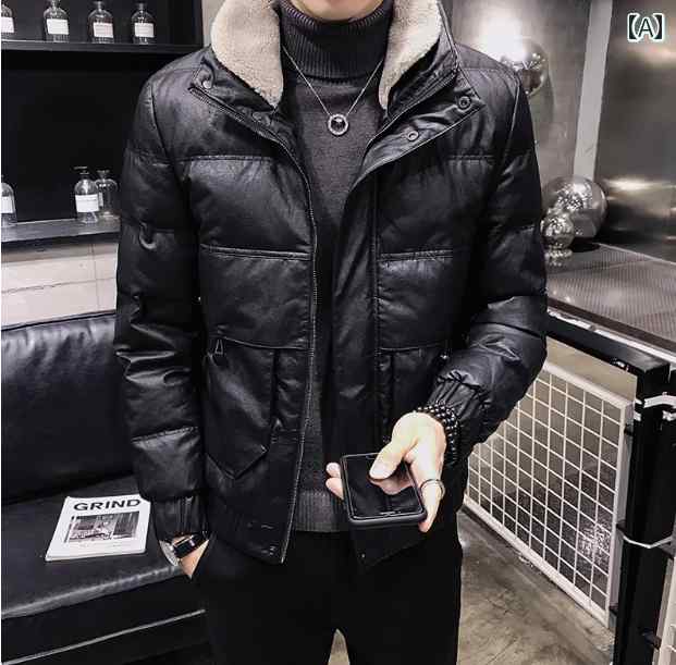 レザージャケット メンズ アウター 厚手 秋冬 暖かい 韓国 ファッション ファー 襟 革 カジュアル 大きいサイズ ブラック｜Grams店