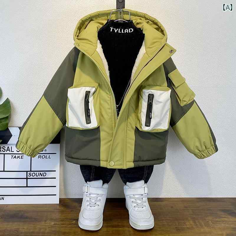 キッズ 男の子 アウター 子供服 ジャケット コート 厚手 秋冬 フード付き 裏起毛 暖かい 韓国 カジュアル グリーン レッド｜Grams店