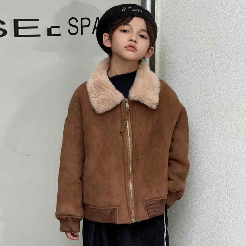 キッズ 男の子 女の子 アウター 子供服 ジャケット コート トップス 厚手 秋冬 裏起毛 ファー ウール オートバイ 茶 ベージュ｜Grams店
