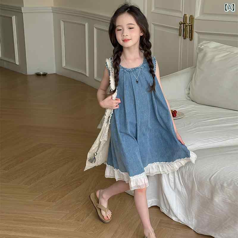 デニム ワンピース キッズ 女の子 子供服 スカート レトロ おしゃれ 夏 ノースリーブ レース 薄手 ブルー