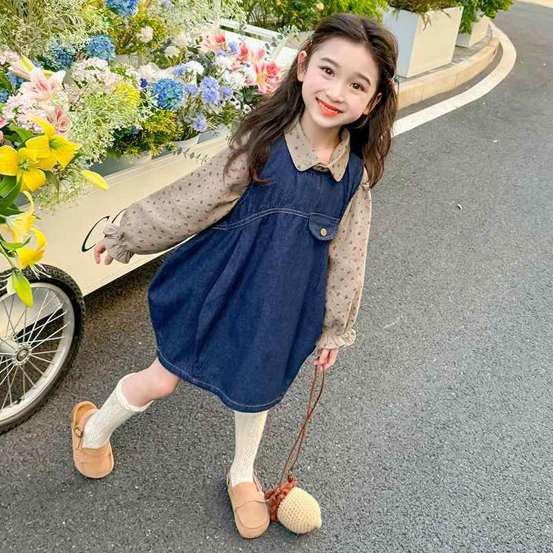 ジーンズ 衣装 キッズ お姉さん お子さん服 スコート レトロ 心地好い ノースリーブ 韓国 流行り物 時間 青色 キッズファッション-ワンピース-キッズ・ベビー・マタニティ