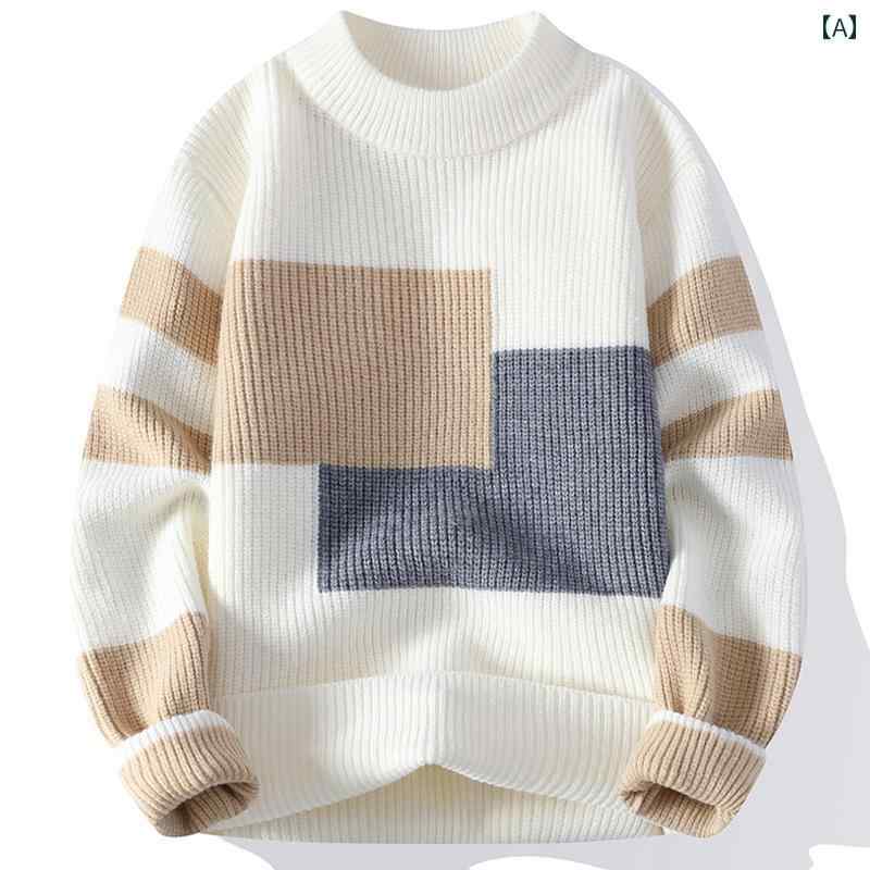 セーター メンズ ニット トップス カラーブロック 裏起毛 厚手 暖かい 秋冬 大きいサイズ カジュアル ホワイト ブラック グリーン