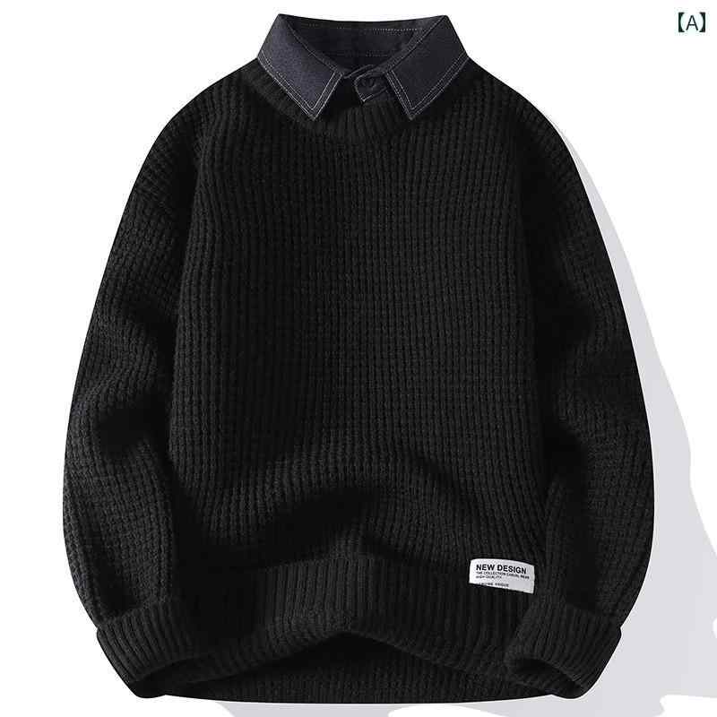 セーター メンズ ニット トップス 襟 フェイクツーピース 暖かい 秋冬 ブラック ブラウン グレー｜Grams店 9,629円