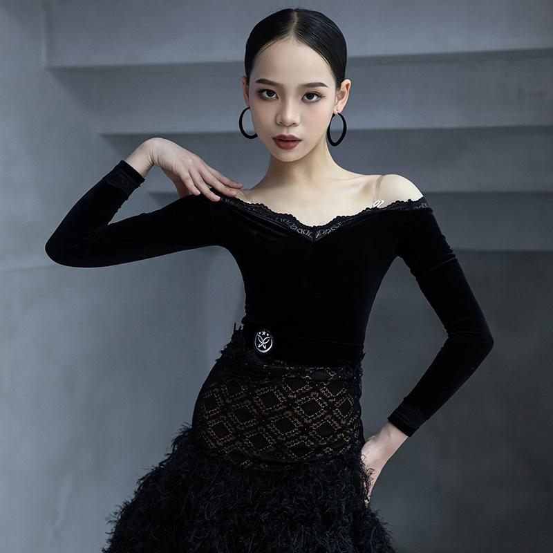 社交ダンス お召しもの レディース キッズ お子さん お姉さん 人付き合い社交ダンス ラテン語 読み合わせる着 習い事お召しもの 窈窕たる 演技 長袖 トップス オフショルダー スコート 真っただ中丈 黒いこと ウェア-社交ダンス