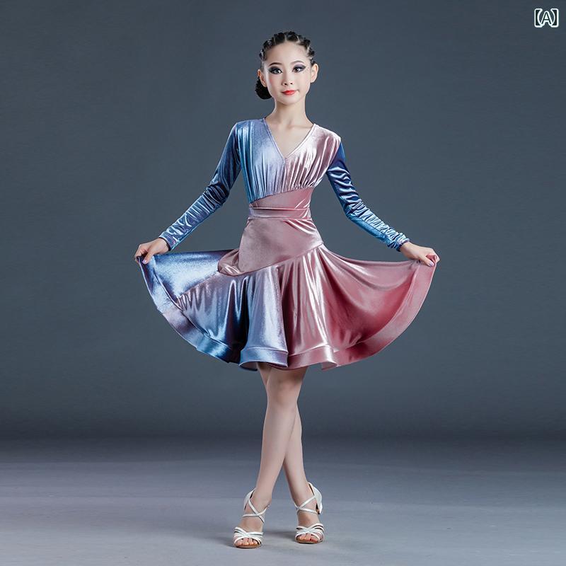 ダンス 衣装 キッズ 子供 女の子 社交ダンス ラテン 練習着 レッスンウェア パフォーマンス 長袖 Vネック レオタード スカート ミドル丈 グラデーション ブルー ピンク