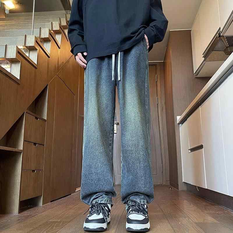 デニムパンツ ジーンズ メンズ 秋冬 アメリカン カジュアル レトロ ボトムス ベーシック 厚手 ストレート ワイド ブルー ブラック
