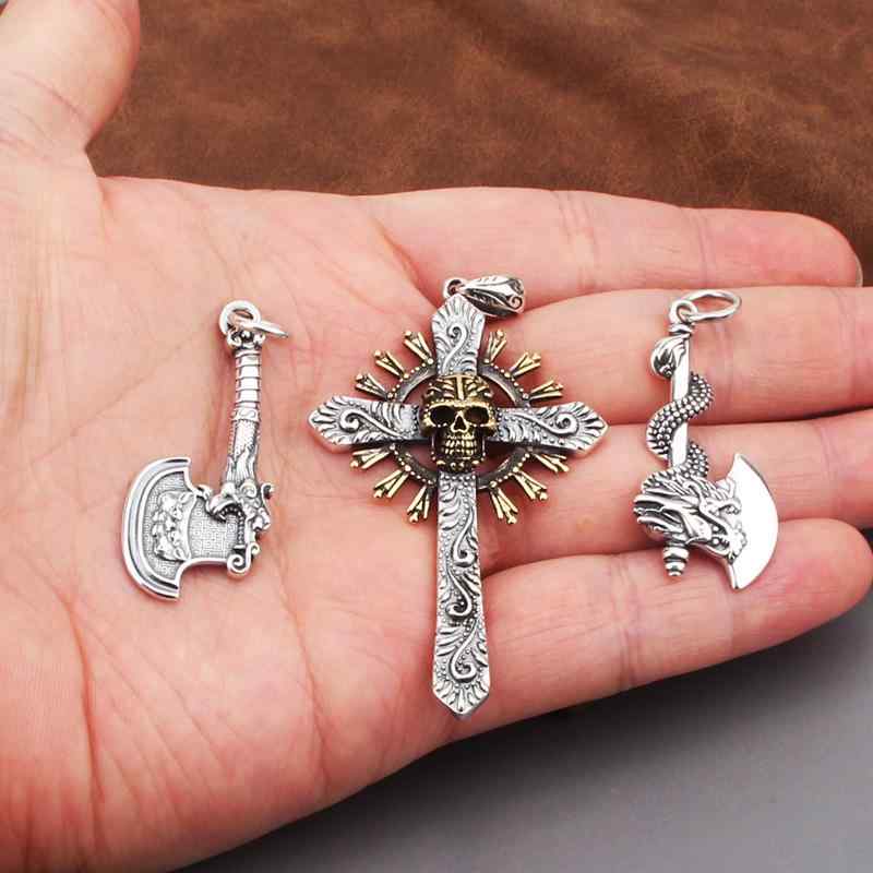 ネックレス メンズ ジュエリー エスニック アクセサリー ペンダント キーホルダー 斧 アックス スカル レトロ シルバー