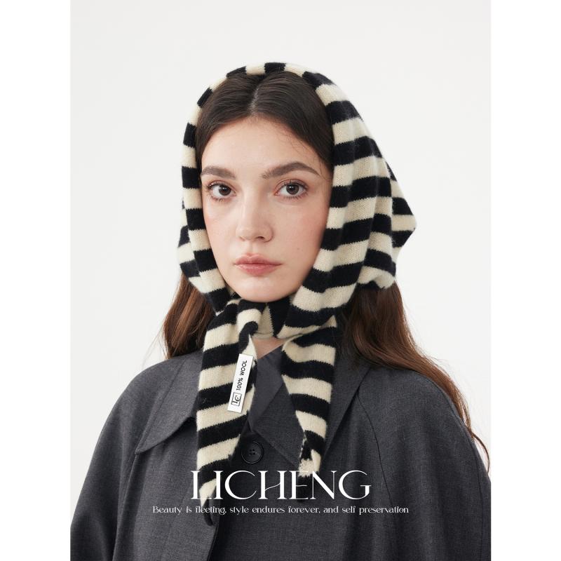 バブーシュカ 三角巾 ヘアバンド レディース メンズ カップル アクセサリー かわいい ウール ニット ボーダー 暖かい 秋冬 ブラック レッド