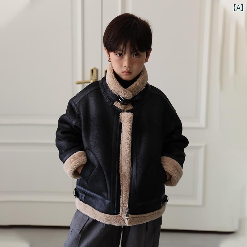 キッズ 赤ちゃん 御坊っちゃん 心地好い アウター 上衣 厚地の外套 連合王国風 照明ランプ色つや 朦々たる ボア スエードクロス なめし革 ファスナー 黒いこと 赤銅色