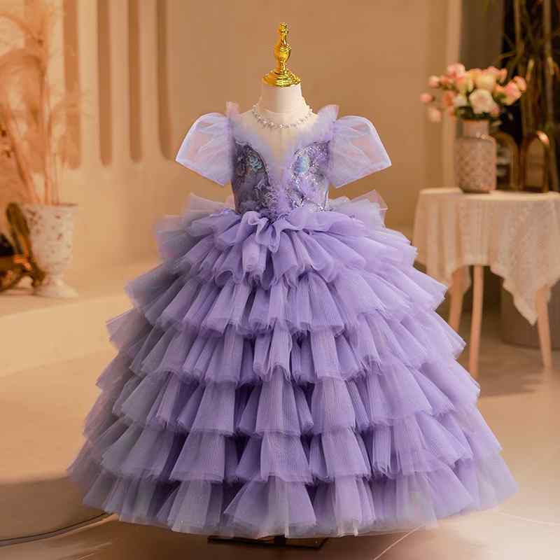 ドレス ワンピース キッズ 子供 女の子 フォーマル 半袖 シースルー チュチュスカート ロング丈 結婚式 発表会 演奏会 パーティー パープル｜Grams店