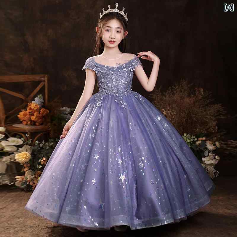 ドレス ワンピース キッズ 子供 女の子 フォーマル 半袖 オフショルダー ロング丈 結婚式 発表会 ピアノ 演奏会 パーティー パープル