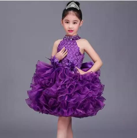 ドレス ワンピース キッズ 子供 女の子 フォーマル ノースリーブ テールスカート 結婚式 発表会 ピアノ 演奏会 パーティー パープル｜Grams店
