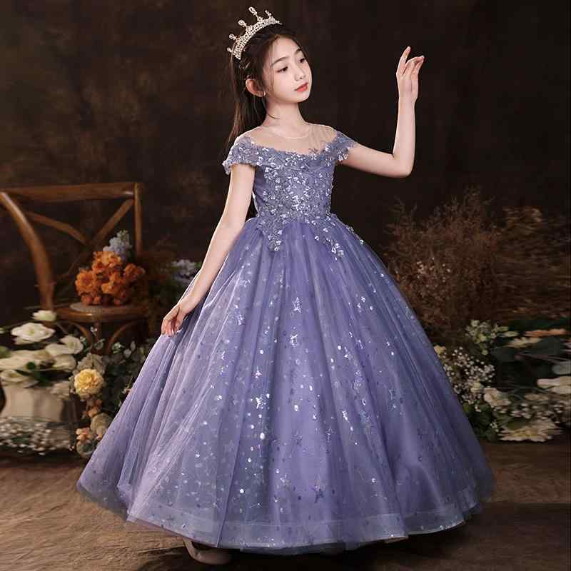 ドレス ワンピース キッズ 子供 女の子 夏 フォーマル 半袖 ロング丈 結婚式 発表会 ピアノ 演奏会 パーティー 衣装 パープル