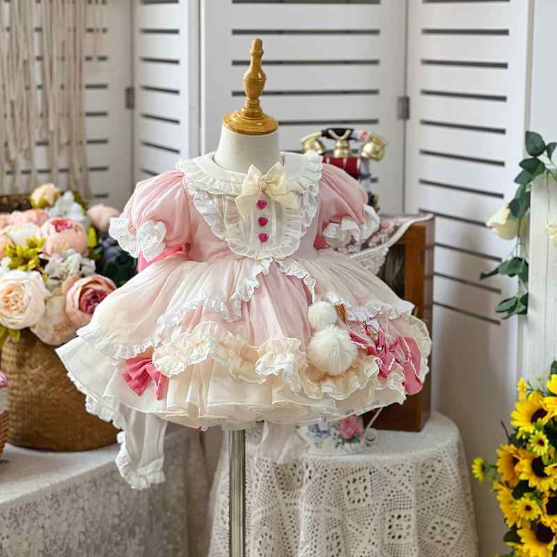 ドレス ワンピース キッズ 子供 女の子 フォーマル ロリータ かわいい 半袖 ショート丈 結婚式 発表会 演奏会 パーティー ピンク｜Grams店