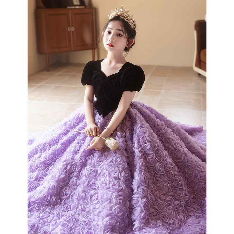 ドレス ワンピース キッズ 子供 女の子 秋冬 フォーマル 半袖 ロング丈 結婚式 発表会 演奏会 パーティー パープル