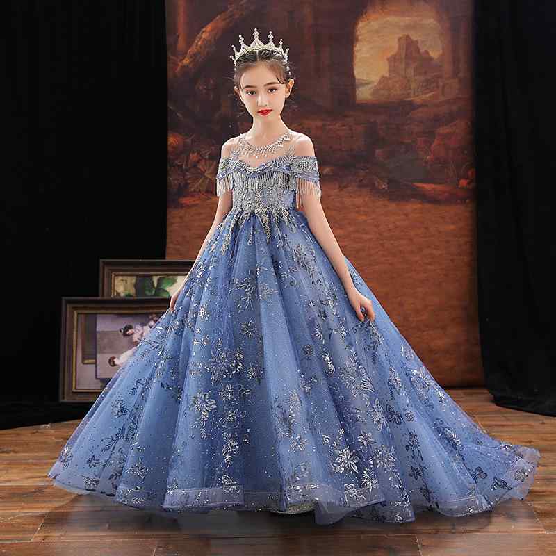 ドレス ワンピース キッズ 子供 女の子 フォーマル 半袖 ロング丈 結婚式 発表会 ピアノ 演奏会 パーティー テール 衣装 ブルー ホワイト