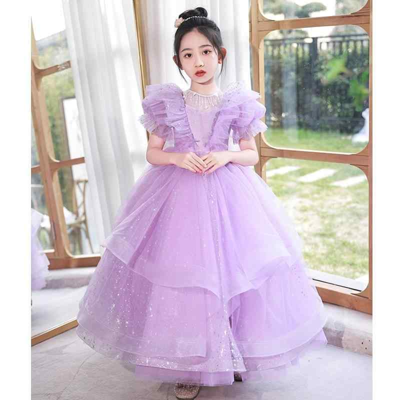 ドレス ワンピース キッズ 子供 女の子 春 フォーマル 半袖 ロング丈 チュチュスカート 結婚式 発表会 ピアノ 演奏会 パーティー パープル|Grams店