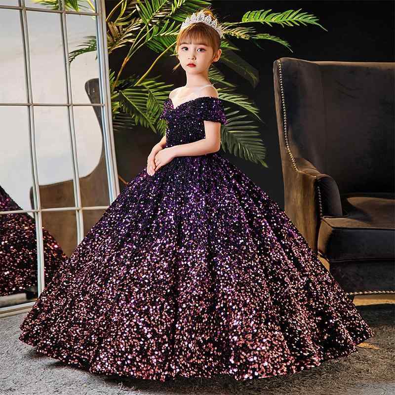 ドレス ワンピース キッズ 子供 女の子 冬 フォーマル 半袖 長袖 オフショルダー スパンコール ロング丈 結婚式 発表会 演奏会 パーティー パープル