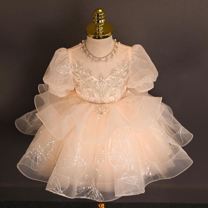 ベビー ドレス キッズ 子供 女の子 春夏 フォーマル ワンピース 半袖 ミドル丈 結婚式 発表会 衣装 ベージュ
