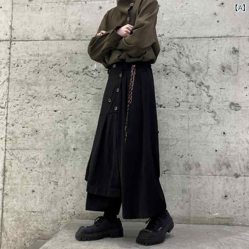 ワイドパンツ メンズ ガウチョパンツ 中国風 ズボン ドレープ 九分丈 カジュアル ブラック