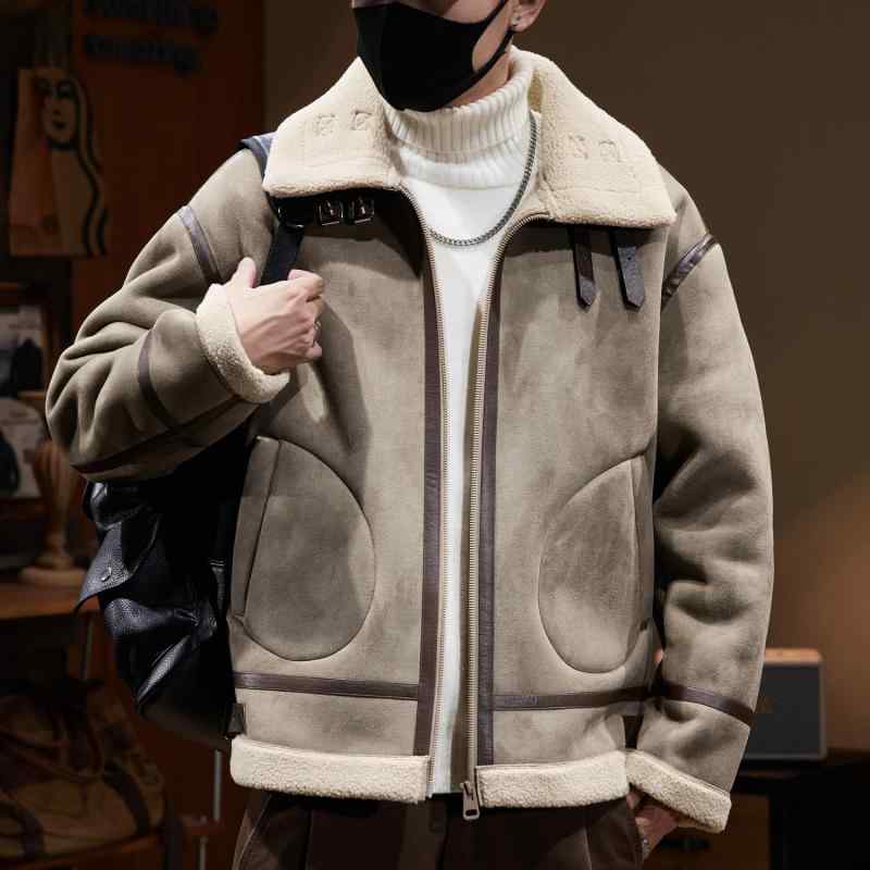 スエード ジャケット メンズ アウター 冬 コントラスト 厚手 暖かい コットン アウトドア 登山 オートバイ ウール ブラウン ブラック