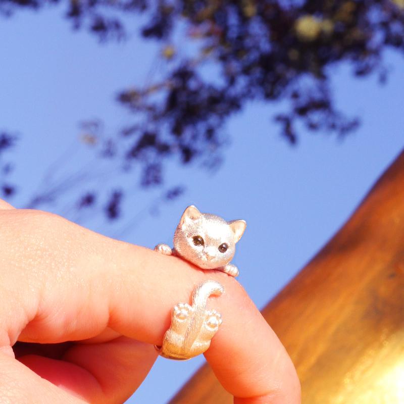 指輪 リング レディース ジュエリー 人差し指 スターリング 韓国 小動物 かわいい シルバー グレー 猫
