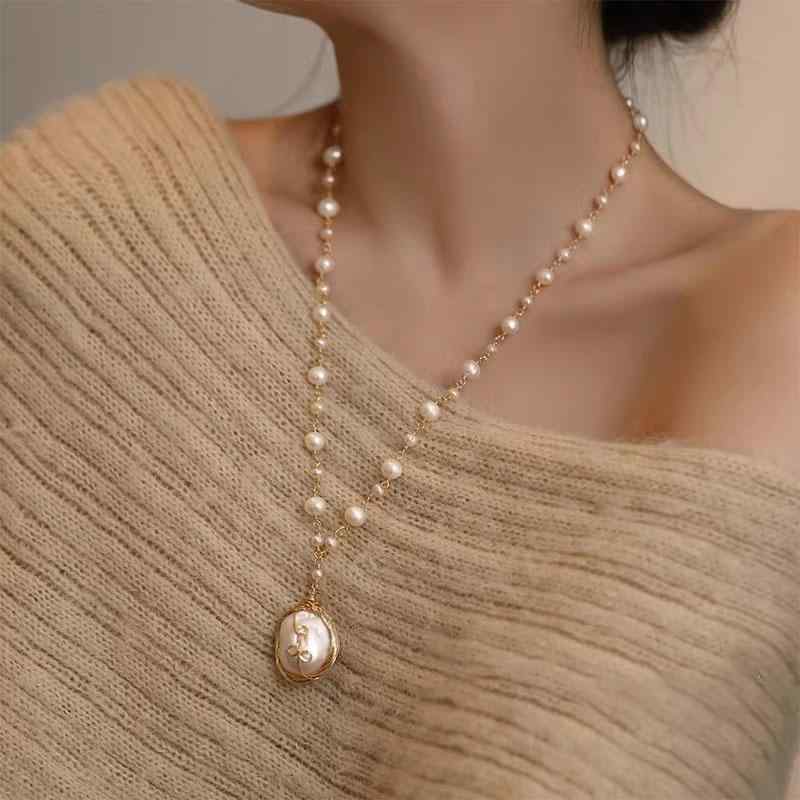 パール ネックレス ロング レディース アクセサリー ジュエリー おしゃれ フレンチ レトロ ビーズチェーン ホワイト