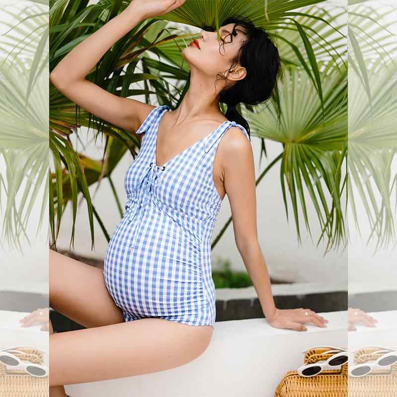 マタニティ 水着 チェック 妊婦 スイムウェア ウエスト ギャザー 伸縮性 腹部サポート 防水 速乾