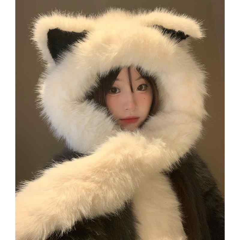 耳付き ニット帽 帽子 レディース 防寒 かわいい ふわふわ 秋冬 厚手 キツネ マフラー 暖かい ホワイト ベージュ ブラウン