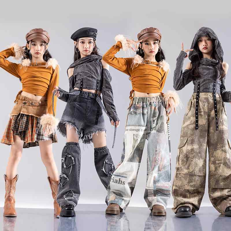 ダンス 衣装 キッズ 子供 女の子 ストリート ヒップホップ kpop トップス 長袖 オフショル デニム カーゴパンツ スカート ショート丈 パフォーマンス 迷彩 イエロー ブラック