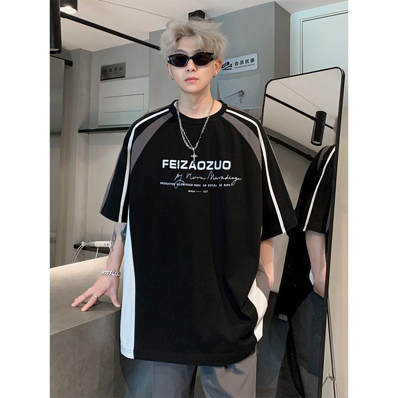 Tシャツ メンズ 半袖 トップス 夏 アメリカン カジュアル ストリート ラウンドネック プルオーバー コントラストカラー ブラック ホワイト