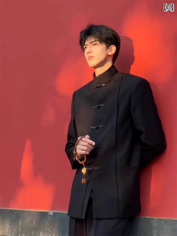 ジャケット メンズ 長袖 アウター チャイナ風 スタンドカラー ボタン スーツ 春秋 結婚式 カジュアル ビジネス 黒