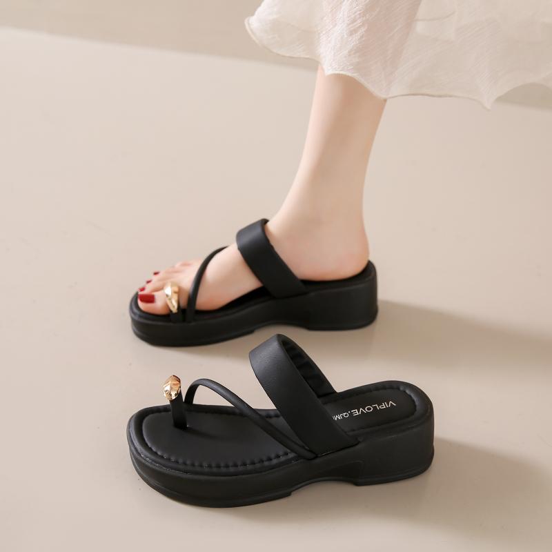 トング サンダル シューズ つっかけ レディース 夏 厚底 バックル ウェッジヒール ゴムソール 黒 ベージュ
