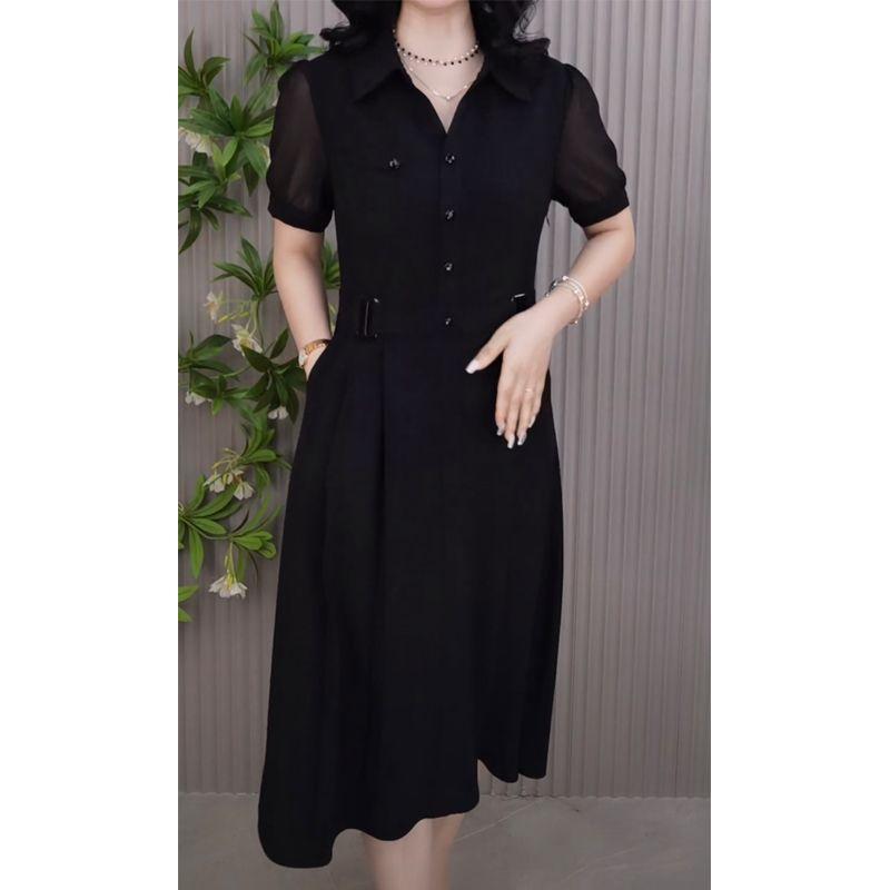 ワンピース レディース 春夏 ミセス 婦人 きれいめ 上品 40代 50代 半袖 Vネック スカート ロング丈 ゆったり ブラック 4,859円