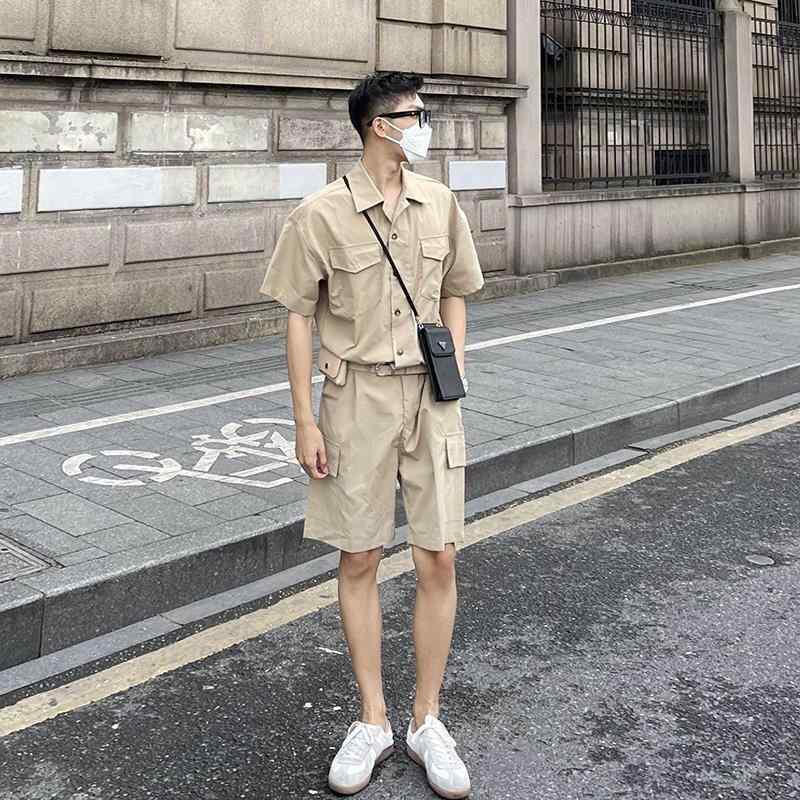 つなぎ 半袖 オーバーオール 作業着 メンズ レディース カップル 秋 ショートパンツ ジャンプスーツ 薄手 作業服 ベージュ ブラック