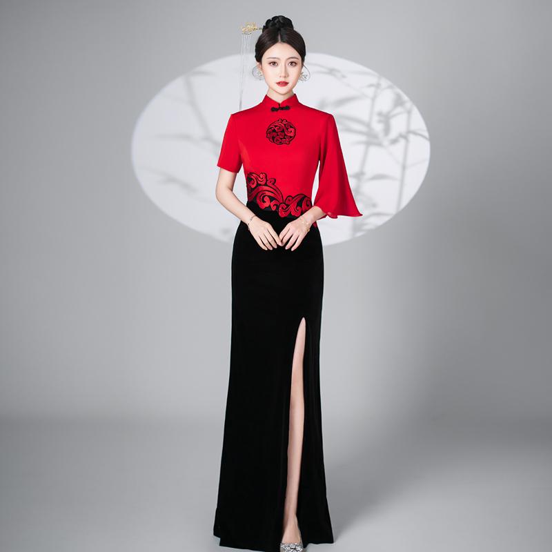 アオザイ チャイナドレス 中国風 レディース ワンピース ショー 演出服 ロング丈 スリム マーメイド レッド ブラック|Grams店