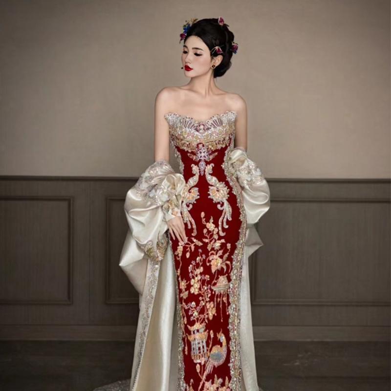 アオザイ チャイナドレス 中国風 レディース ワンピース 結婚式 ウェディングドレス イブニングドレス チューブトップ レッド|Grams店