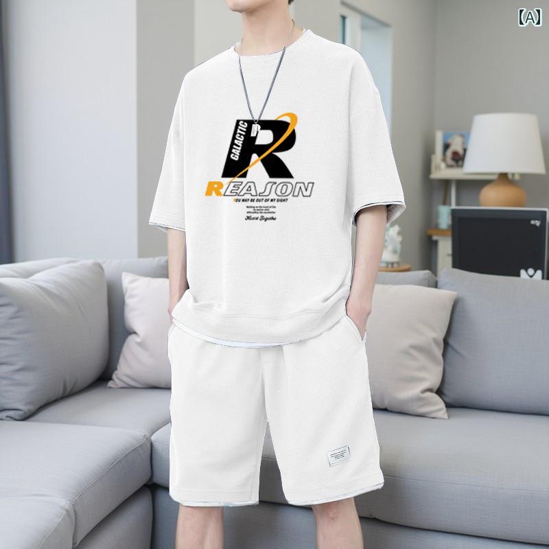 セットアップ 上下セット メンズ 半袖 ハーフパンツ 半パン 夏 カジュアル Tシャツ ショートパンツ ツーピース ラウンドネック ゆったり オーバーサイズ ホワイト グレー